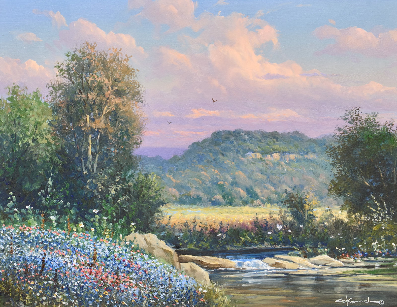 George Kovach, Bluebonnet Landscape: George Kovach (Texas / New Mexico, b. 1942), bluebonnet landscape with creek and Hill Country vista, oil on panel, signed lower right sight: 11 x 14 in., frame: 17 x 20 in. Provenance: Property from a