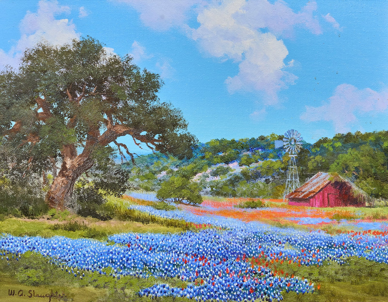 William A. Slaughter, "The Red Barn": William A. Slaughter (Texas, 1923-2003), "The Red Barn", Hill Country bluebonnet landscape, oil on canvas, signed lower left sight: 11 x 14 in., frame: 16.5 x 19.5 in.