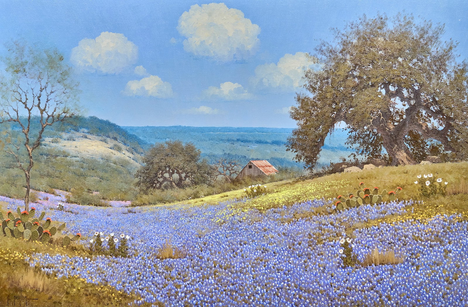 Randy Peyton, Bluebonnet Landscape, 1983: Randy Peyton (Texas / Italy, b. 1958), bluebonnet landscape, oil on canvas, signed lower left, signed and dated on the verso, 1983 sight: 20 x 30 in., frame: 24.5 x 34.5 in.