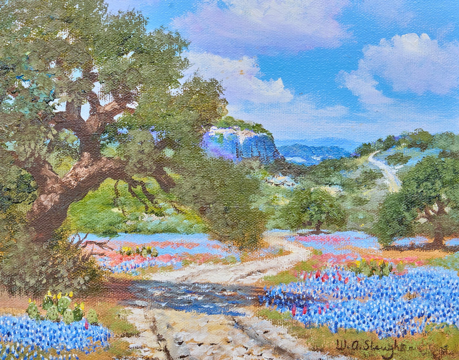 William A. Slaughter, Bluebonnet Landscape: William A. Slaughter (Texas, 1923-2003), Hill Country bluebonnet landscape with dirt road, oil on canvas, signed lower right sight: 8 x 10 in., frame: 15.5 x 17.5 in. Provenance: Property
