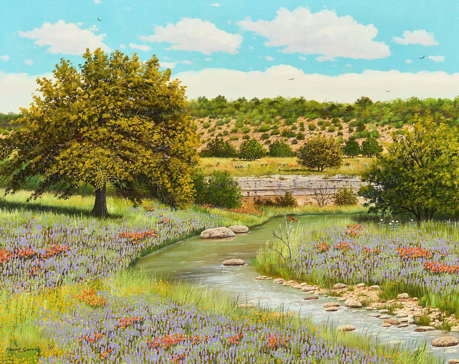Manuel Garza, Bluebonnet Creek Landscape: Manuel Garza (Texas, b. 1940), bluebonnet landscape, oil on canvas, signed lower left sight: 16 x 20 in., frame: 27.5 x 31.5 in. Provenance: Property from a home in San Antonio, Texas