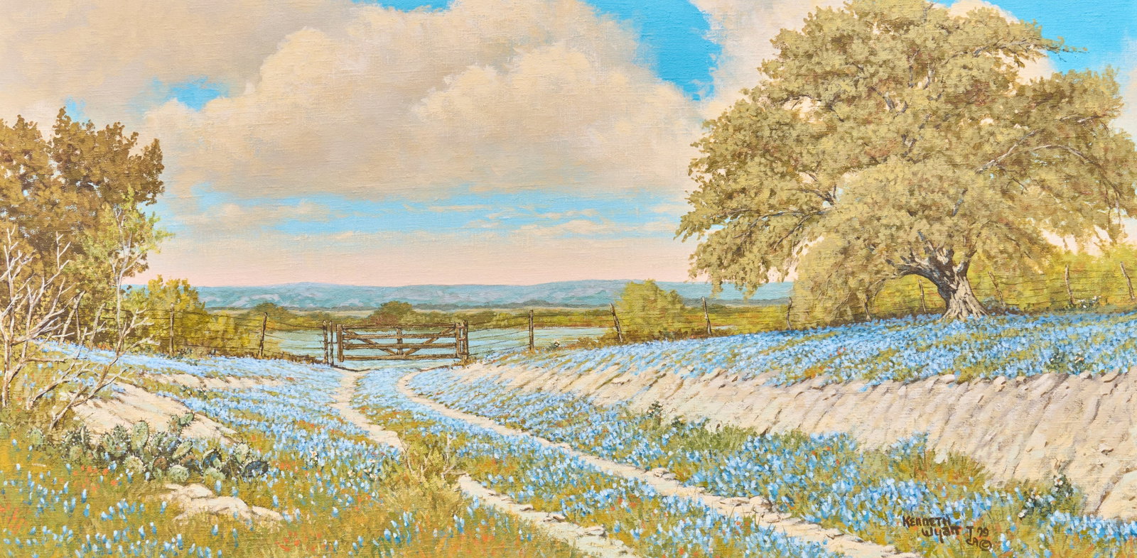Kenneth Wyatt, Bluebonnet Landscape: Kenneth Wyatt (Texas / New Mexico, 1930-2021), bluebonnet landscape, oil on canvas, signed lower right sight: 24 x 48 in., frame: 32 x 57 in. Provenance: Property from a home in Kingman,