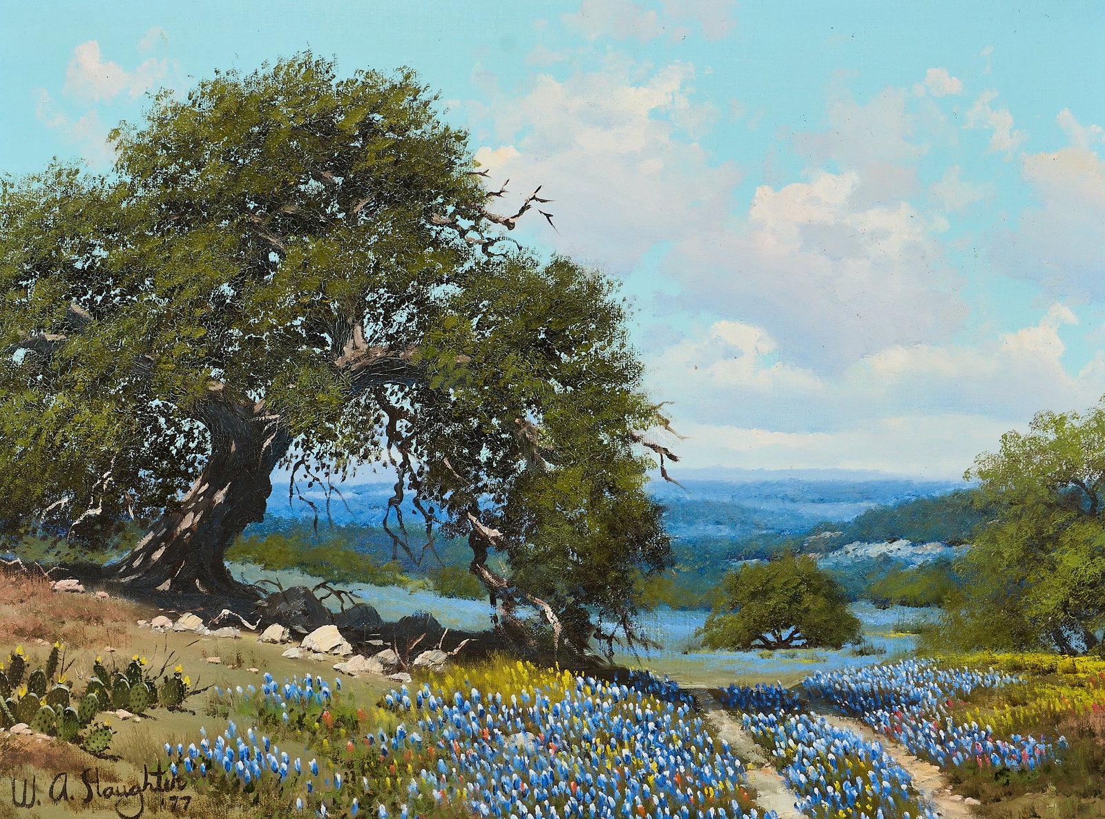 William A. Slaughter, Bluebonnets and Live Oak: William A. Slaughter (Texas, 1923-2003), landscape with bluebonnets and live oak, oil on canvas, signed and dated lower left, 1977; with brass plaque reading "To Tom and Lilliebelle Baker NSDA