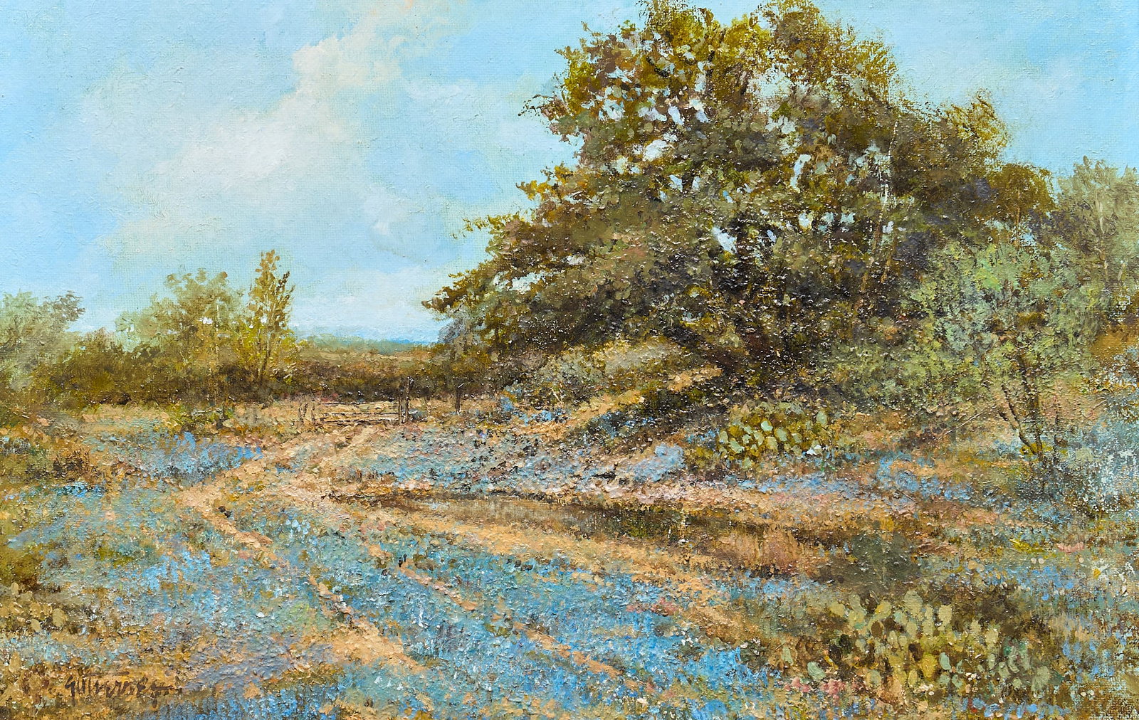 Raul Gutierrez, Bluebonnet Trail: Raul Gutierrez (Texas, b. 1935), bluebonnet landscape, oil on board, signed lower left sight: 11 x 17 in., frame: 17 x 22.5 in. Provenance: Property from the collection of a