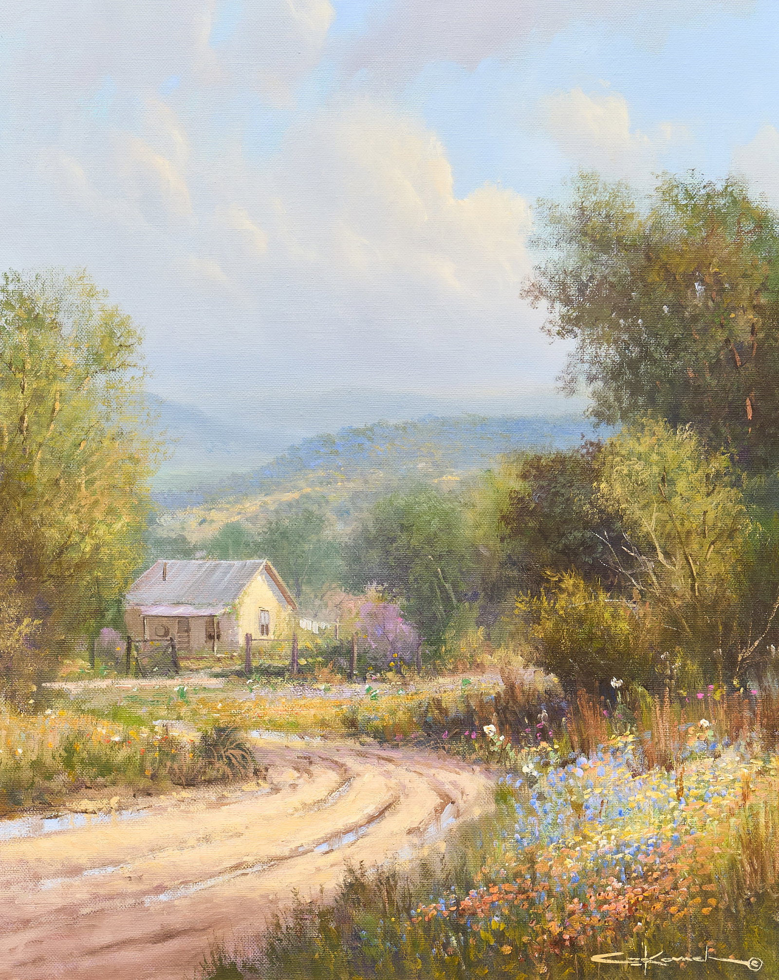 George Kovach, Bluebonnet Landscape: George Kovach (Texas / New Mexico, b. 1942), bluebonnet landscape, oil on canvas, signed lower right sight: 20 x 16 in., frame: 25.5 x 21.5 in. Provenance: Property from a San Antonio, Texas art and