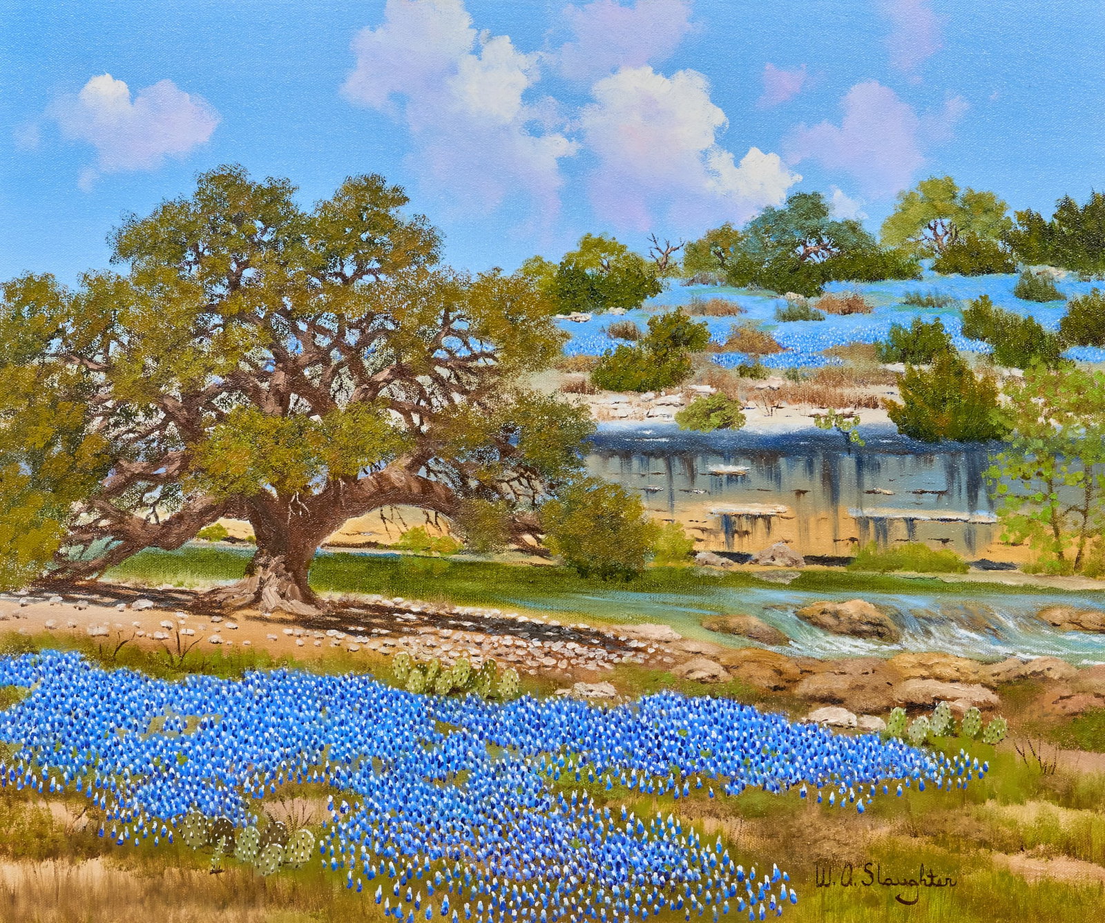 William A. Slaughter, "Mesa Bluebonnet": William A. Slaughter (Texas, 1923-2003), "Mesa Bluebonnet", oil on canvas, signed lower right sight: 20 x 24 in., frame: 27.5 x 31 in. Provenance: Property from a home in San