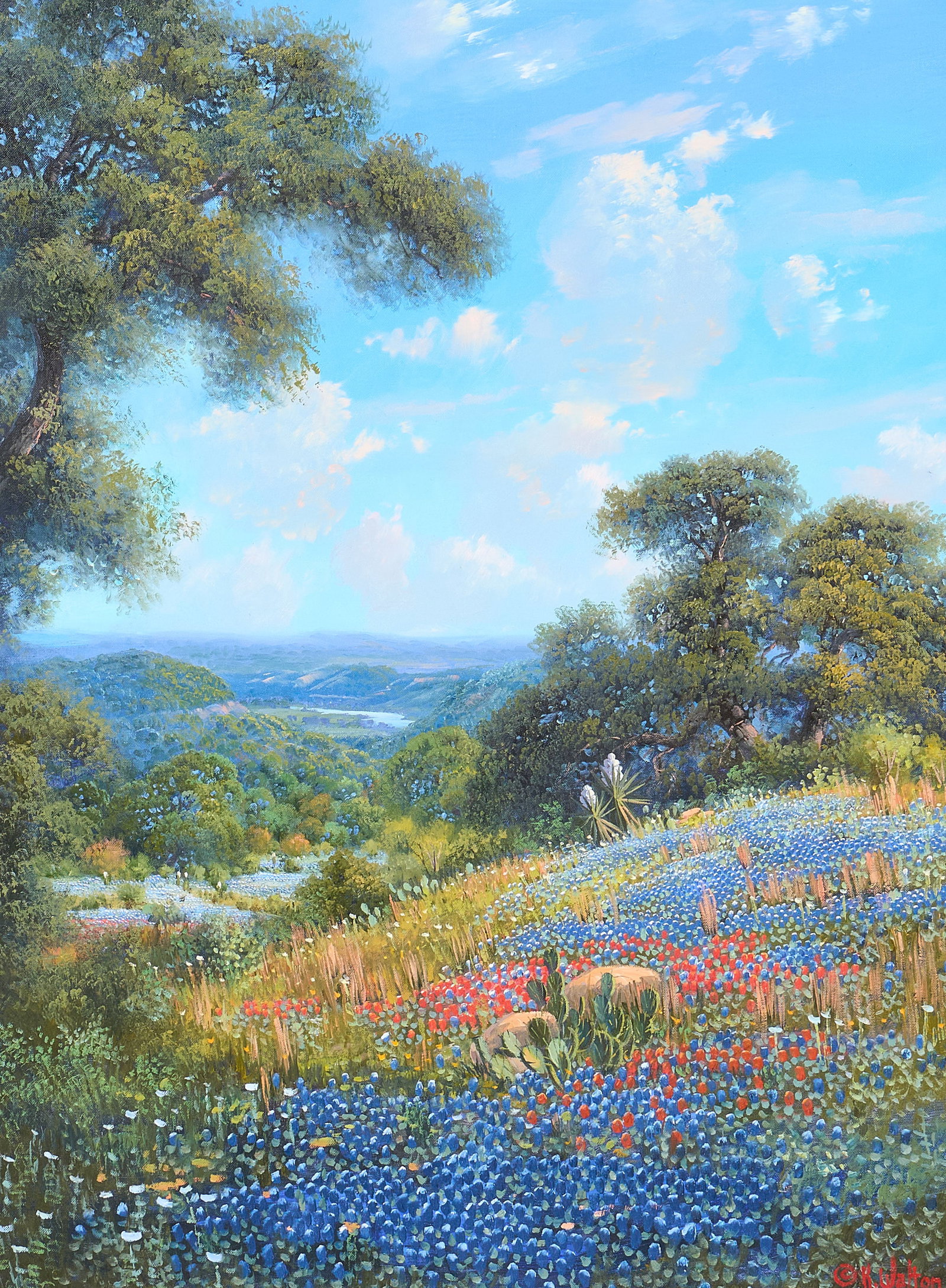 Kay Walton, Bluebonnet Landscape: Kay Walton (Texas, b. 20th C.), bluebonnet landscape in the Texas Hill Country, oil on canvas, signed lower right sight: 40 x 30 in., frame: 49 x 39 in. Provenance: Property from a