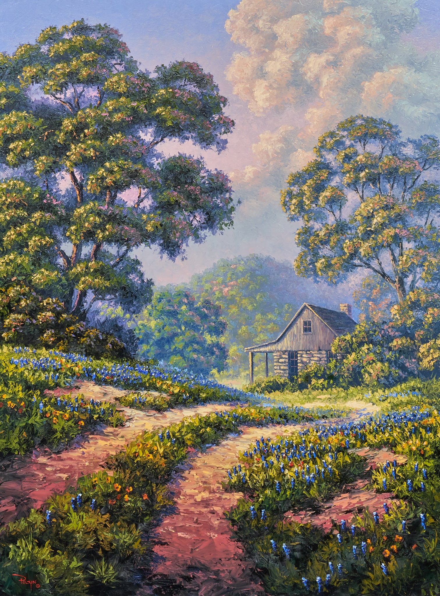 Kyle Polzin, Bluebonnet Landscape: Kyle Polzin (Texas, b. 1974), bluebonnet landscape with country home, oil on canvas, signed lower left sight: 40 x 30 in., frame: 49 x 39 in. Provenance: Property from a collection in Burleson,