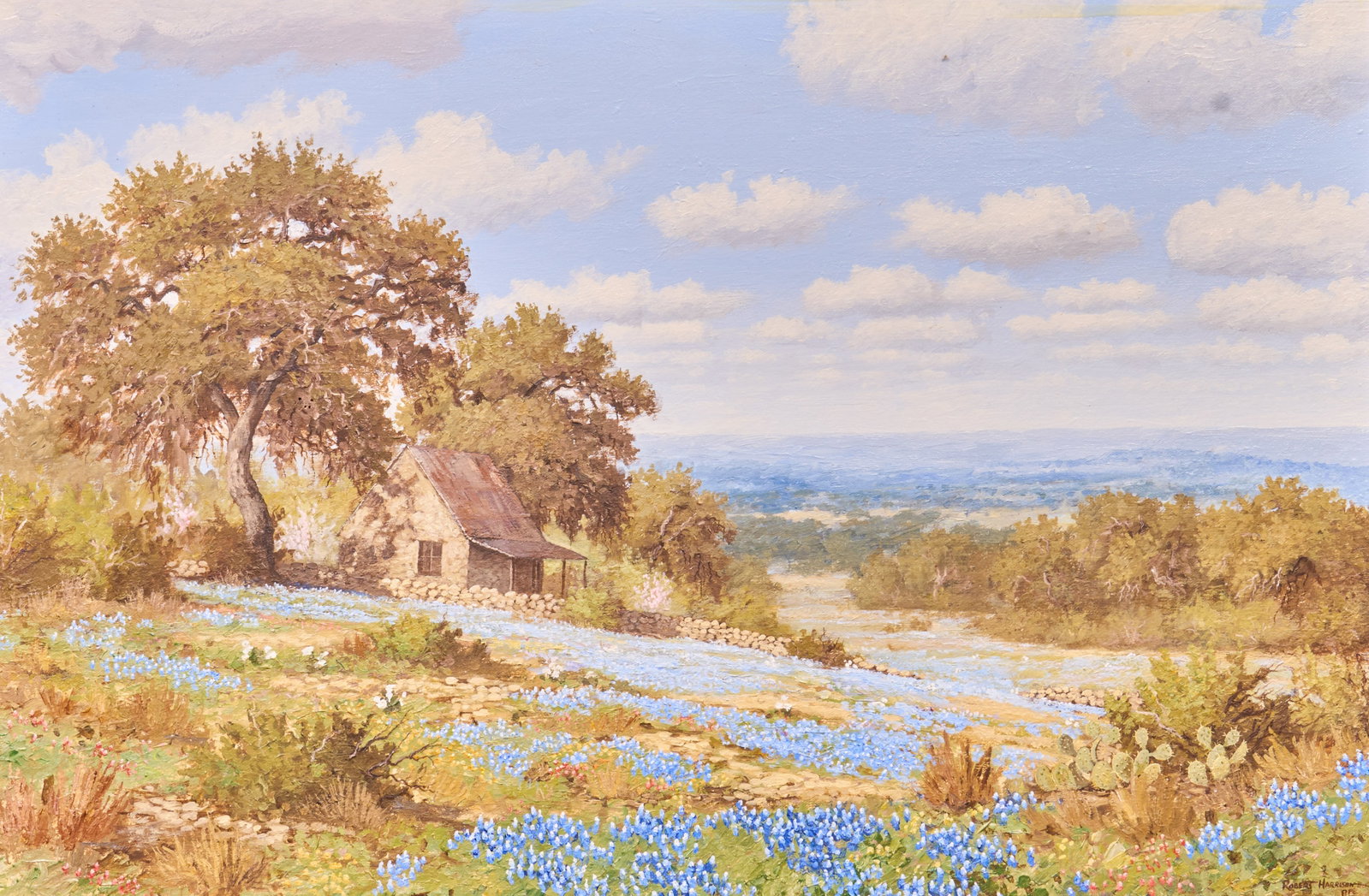 Robert Harrison, Bluebonnet Landscape: Robert Harrison (Texas, b. 1949), bluebonnet landscape, oil on canvas, signed and dated lower right, 1981 sight: 20 x 30 in., frame: 30 x 40 in. Provenance: Property from a home in