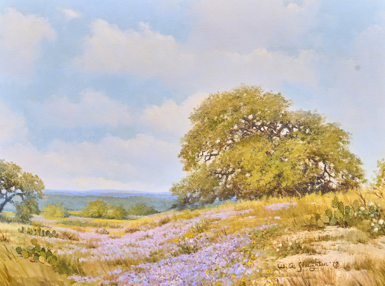 William A. Slaughter, Purple Heather Landscape: William A. Slaughter (Texas, 1923-2003), Texas landscape with oak tree, cactus, and purple heather, oil on canvas, signed and dated lower right, 1972 sight: 18 x 24 in., frame: 24.5 x