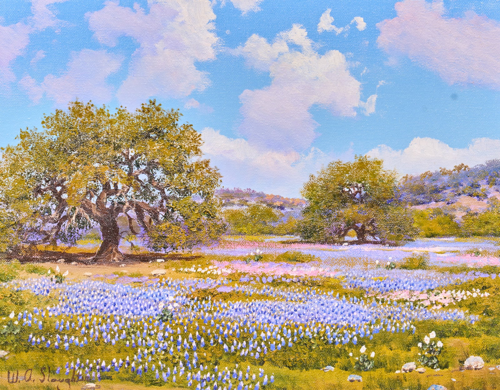 William A. Slaughter, Bluebonnets and Heather: William A. Slaughter (Texas, 1923-2003), bluebonnet and heather landscape, oil on canvas, signed lower left sight: 11 x 14 in., frame: 19 x 22 in. Provenance: Property from a Tucson,