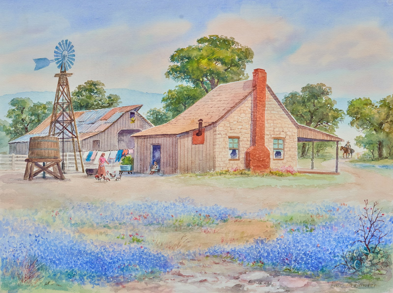Warren Hunter, Texas Homestead with Bluebonnets: Warren Hunter (San Antonio, Texas, 1904-1993), Texas homestead with bluebonnets, watercolor on watercolor paper, signed lower right sight: 22 x 30 in., frame: 32 x 39.5 in. Provenance:
