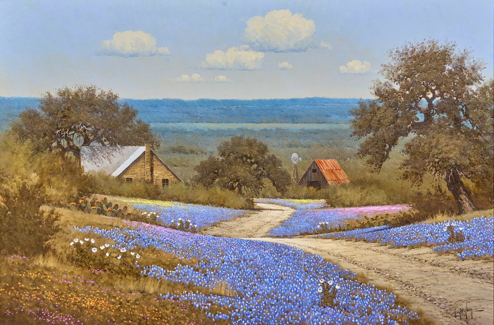 Randy Peyton, Bluebonnet Landscape: Randy Peyton (Texas / Italy, b. 1958), bluebonnet landscape, oil on canvas, signed lower right, signed again and dated on the verso, 1983 sight: 24 x 36 in., frame: 37 x 49 in. Provenance: