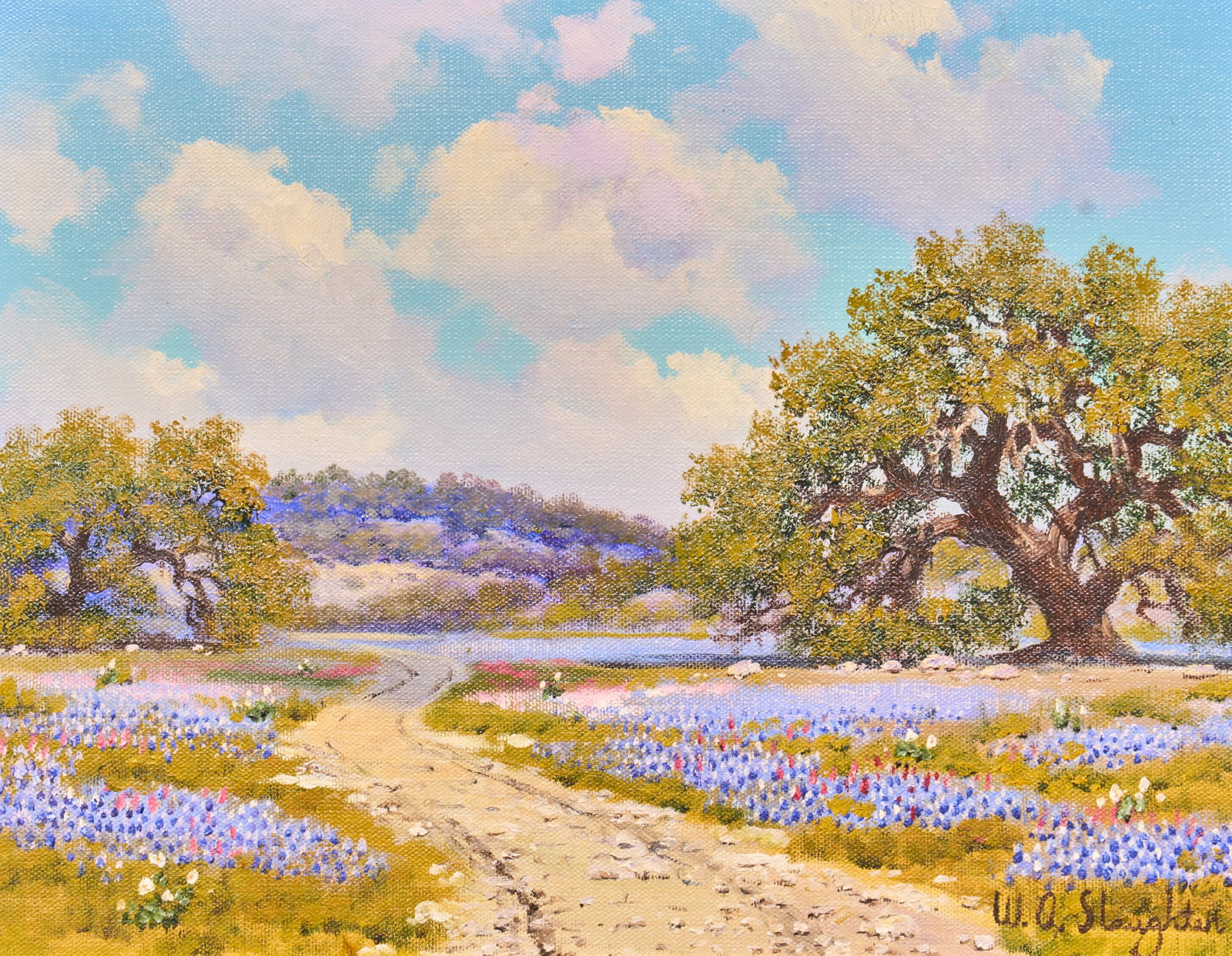 William A. Slaughter, Hill Country Road: William A. Slaughter (Texas, 1923-2003), dirt road through Hill Country bluebonnets, oil on canvas, signed lower right sight: 11 x 14 in., frame: 19 x 22 in. Provenance: Property from