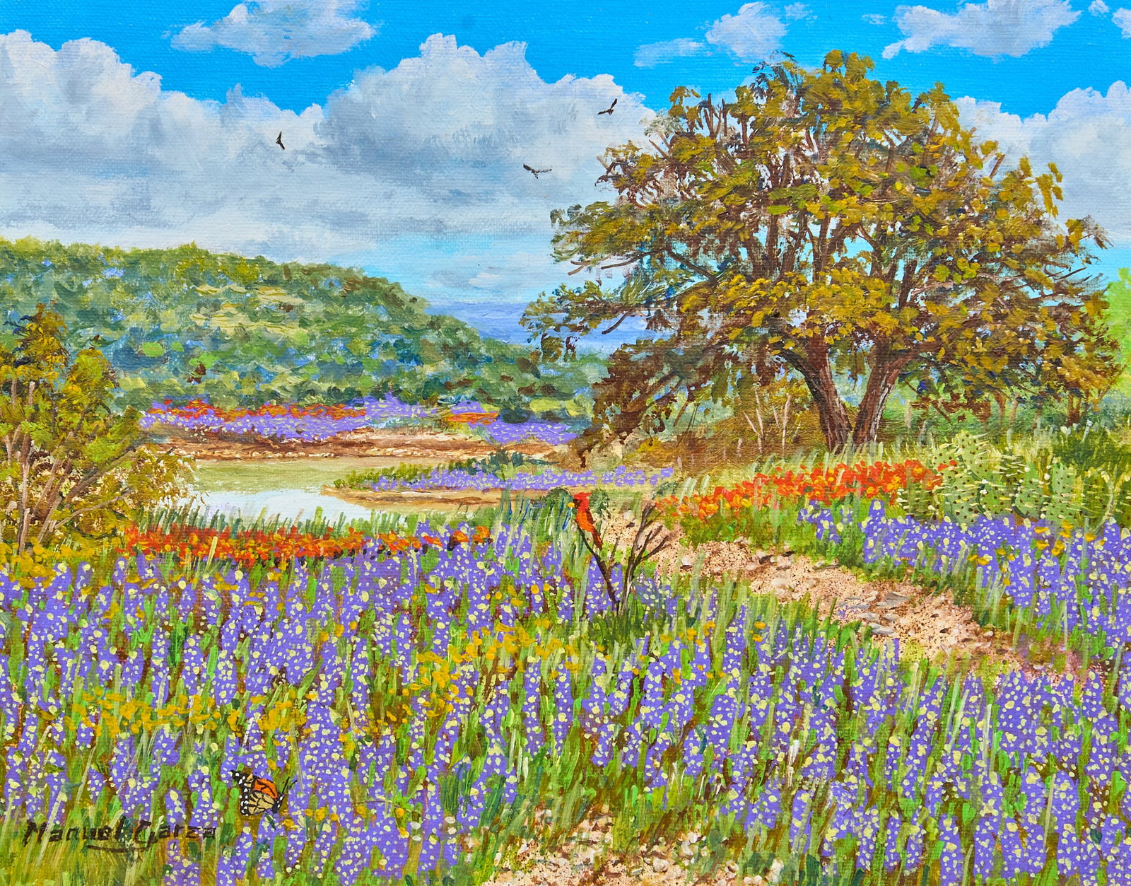 Manuel Garza, "Bluebonnets and Red Bird": Manuel Garza (Texas, b. 1940), "Bluebonnets and Red Bird", oil on canvas, signed lower left sight: 8 x 10 in., frame: 16 x 18 in. Provenance: Property from a Plano, Texas collection