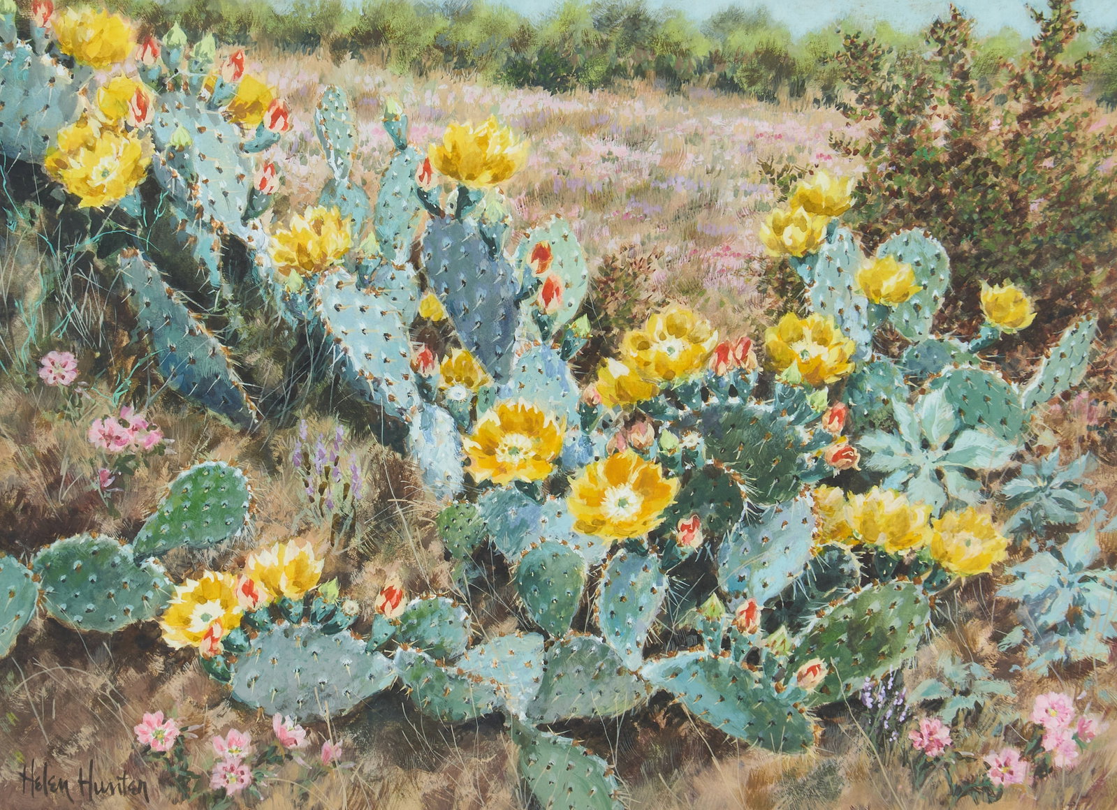 Helen Hunter, "Primrose Path": Helen Hunter (Texas, 1920-2003), "Primrose Path", acrylic on paper, signed lower left, with J. R. Mooney Gallery inventory tag and sticker attached sight: 11 x 14 in., frame: 19 x 23