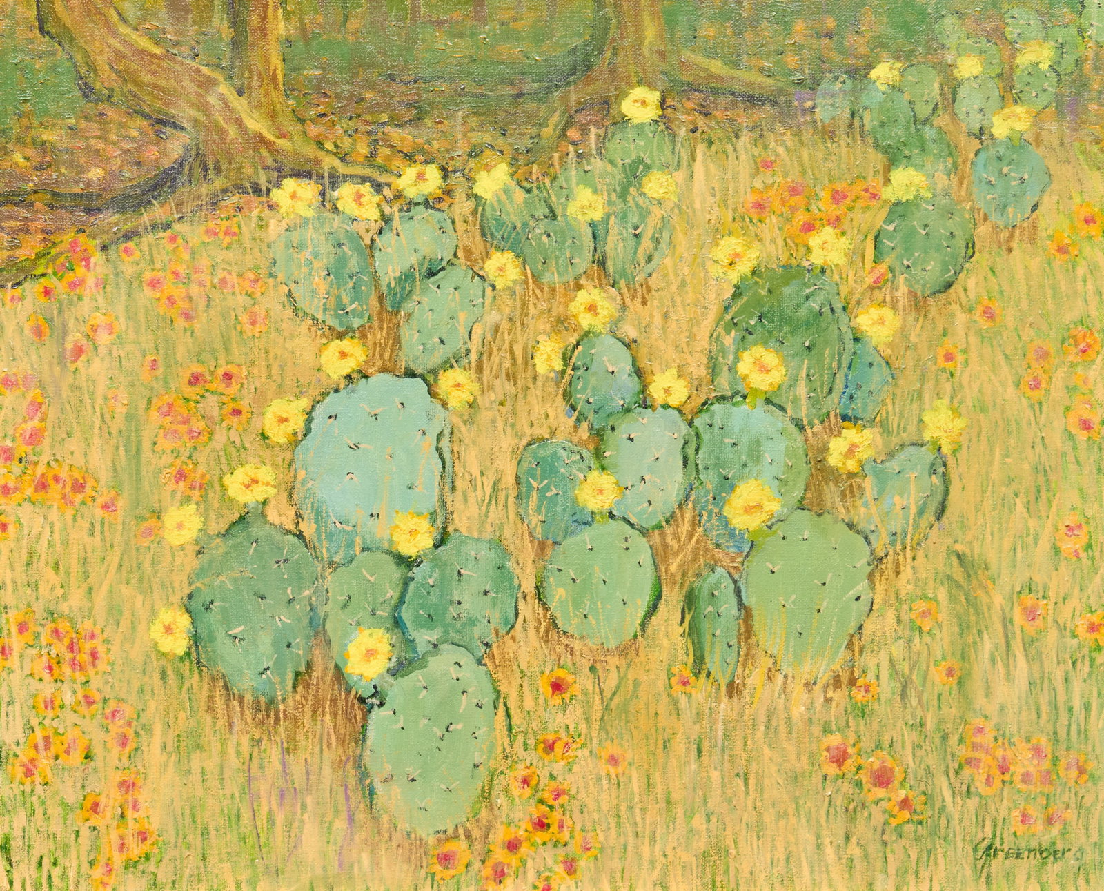 Jerry Greenberg, Flowering Cactus: Jerry Greenberg (Texas, b. 1946), flowering prickly pear cactus among wildflowers, oil on canvas, signed lower right sight: 16 x 20 in., frame: 22 x 21 in. Provenance: Property from a Houston, Te
