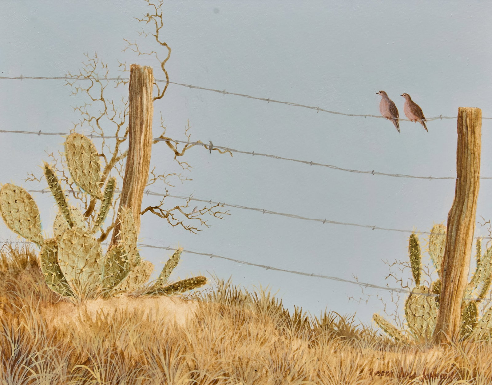 Robert Quill Johnson, Doves on Fence: Robert Quill Johnson (Texas, 1927-1980), doves on fence, acrylic on illustration board, signed lower right sight: 8 x 10 in., frame: 16 x 18 in. Provenance: Property from an Austin, Texas collector A 