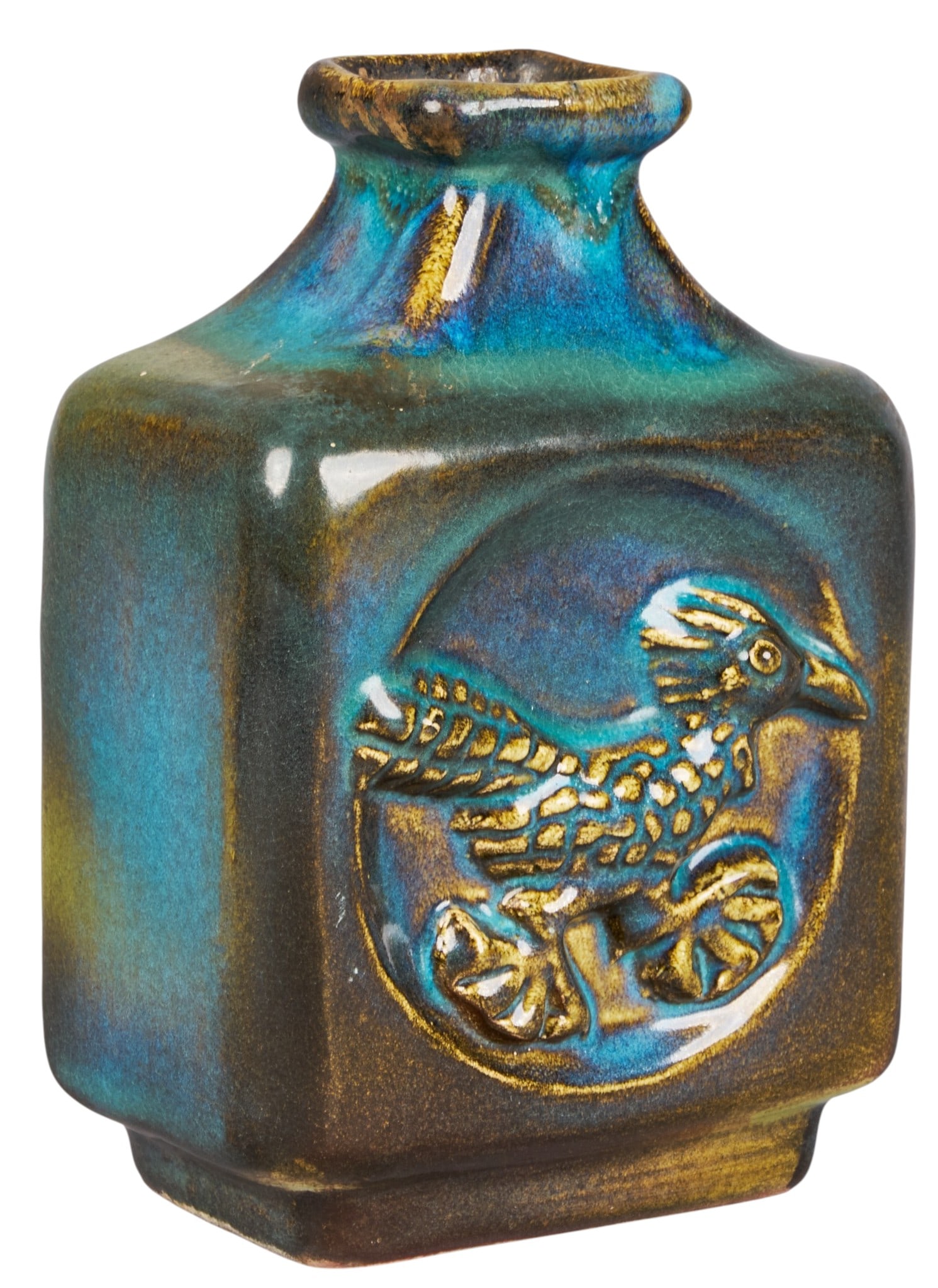 Harding Black, Roadrunner Vase, 1972: Harding Black (San Antonio, Texas, 1912-2004), turquoise and earth tones roadrunner vase, glazed and fired ceramic, signature and date on the underside, 1972 height 7 in. x width