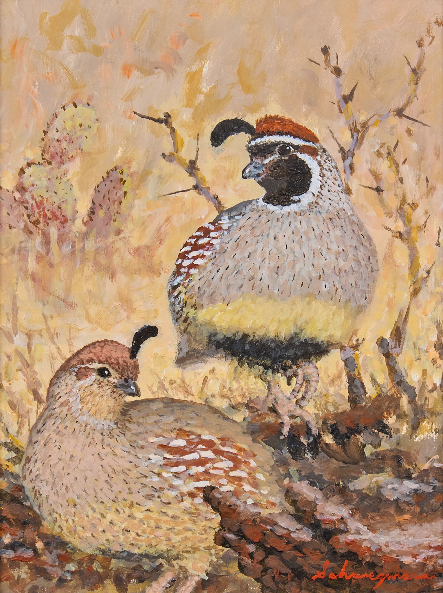 George Schwegmann, "Gambel's Quail": George Schwegmann (Texas, b. 1954), "Gambel's Quail", acrylic on hardboard, signed lower right sight: 12 x 9 in., frame: 20.5 x 17.5 in. Provenance: Property from the