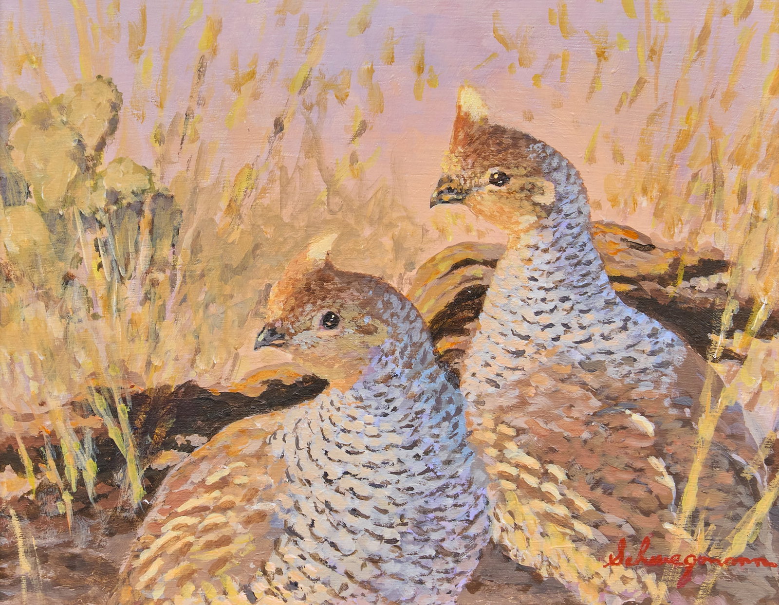George Schwegmann, "Blues": George Schwegmann (Texas, b. 1954), "Blues", blue scaled quail in underbrush, acrylic on hardboard, signed lower right sight: 8 x 10 in., frame: 16.5 x 18.5 in. Provenance: Property from