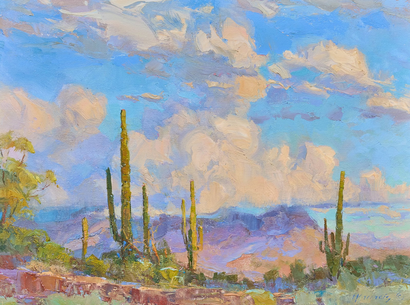 Greg Wallace, "Cloud Capped": Greg S. Wallace (Arizona, b. 20th C.), "Cloud Capped", oil on wood panel, signed lower right, with Legacy Gallery sticker on the verso (Scottsdale, Arizona) sight: 12 x 16 in., fra