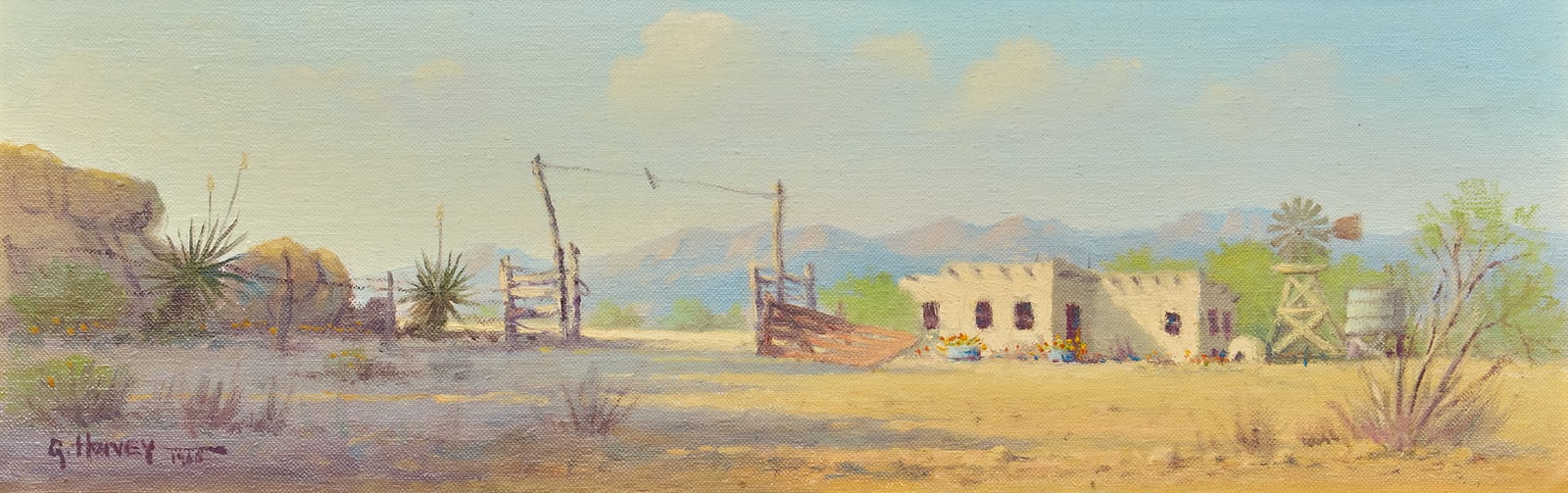 G. Harvey, "Near the Rio Grande": G. Harvey (Gerald Harvey Jones, Texas, 1933-2017), "Near the Rio Grande", oil on canvas panel, signed and dated lower left, 1966, with G. Harvey Gallery (Austin, Texas) framing label