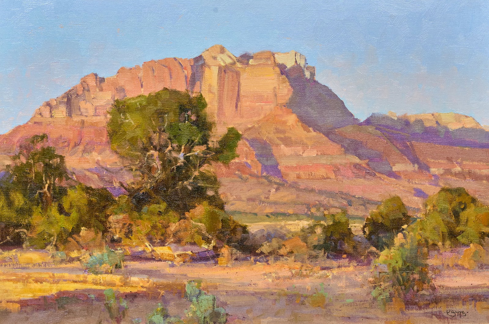 Kathryn Stats, "Desert Shadows": Kathryn Stats (Utah, b. 1944), "Desert Shadows", oil on canvas laid to panel, signed lower right, inscribed on the verso with title, signature, and date, 2010 sight: 20 x 30 in., f