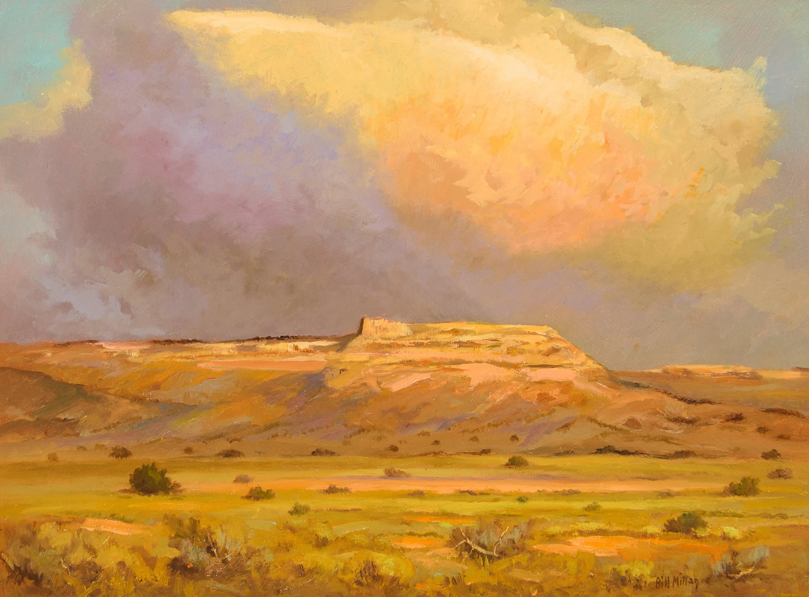 Bill Mittag, "The Caprock": Bill Mittag (Arizona, b. 1935), "The Caprock", oil on panel, signed lower right, signed again on the verso sight: 12 x 16 in., frame: 21 x 25 in. Provenance: The estate of prominent Austin, 