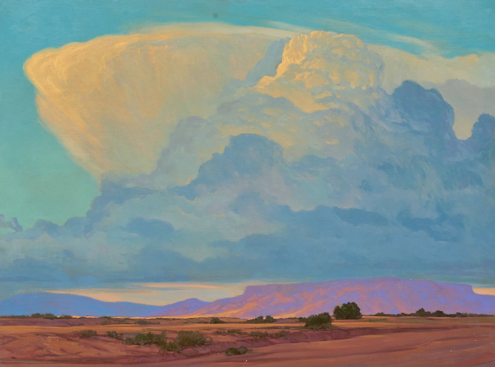 Robert Knudson, "Mantle of Evening": Robert Leroy Knudson (Arizona, 1929-1989), "Mantle of Evening", oil on panel, signed lower left, signed again and titled on the verso sight: 30 x 40 in., frame: 41 x 51.5 in.