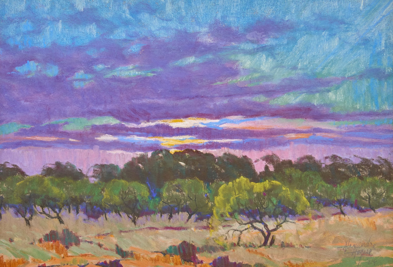 Alexandre Hogue, Texas Sunset, 1924:  Alexandre Hogue (Oklahoma / Texas, 1898-1994), sunset scene possibly in the Texas Hill Country, pastel on paper or illustration panel, signed and dated lower right, 1924 sight: 10 x 14 in., fram