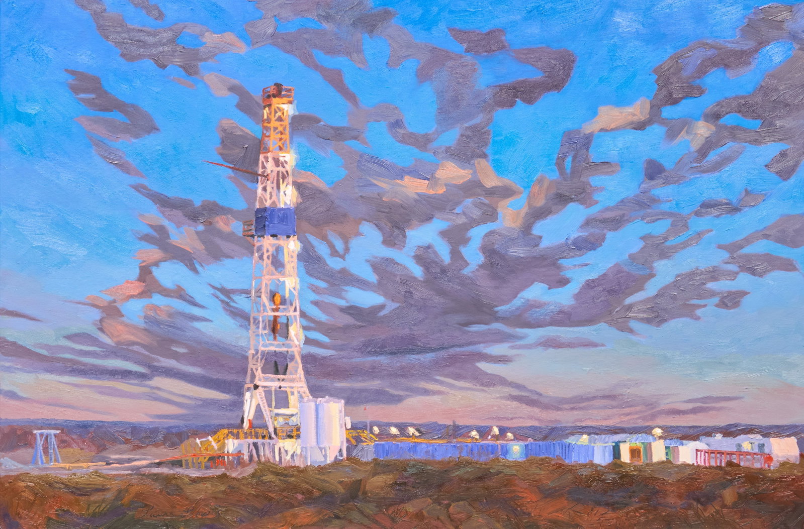 Laura Lewis, "Illumination": Laura Lynn Lewis (Texas, b. 1954), "Illumination", Texas oil rig at sunset, oil on canvas, signed lower left sight: 32 x 48 in., frame: 33.5 x 49.5 in. Provenance: Property from a home in