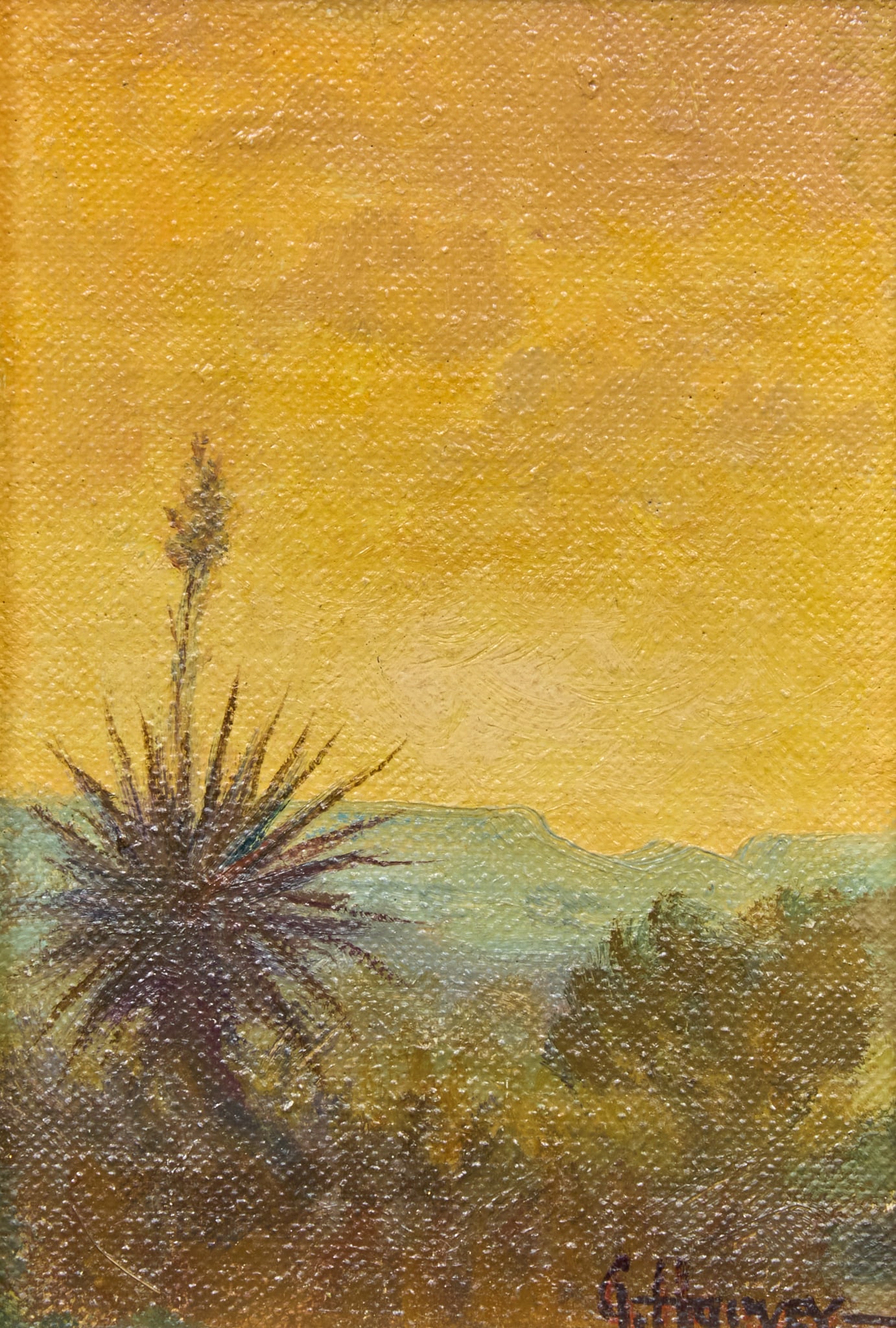 G. Harvey, "Radiant Sunset": G. Harvey (Gerald Harvey Jones, Texas, 1933-2017), "Radiant Sunset", oil on panel, signed lower right, with G. Harvey Gallery (Austin, Texas) framing label on the verso sight: 5.5