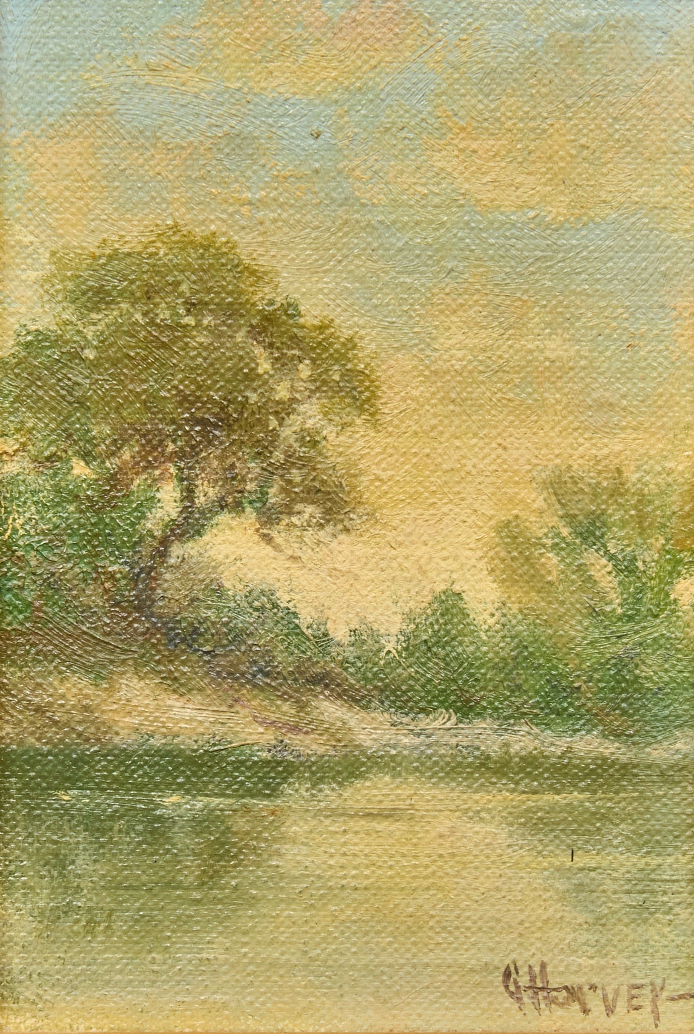 G. Harvey, "Morning Glow": G. Harvey (Gerald Harvey Jones, Texas, 1933-2017), "Morning Glow", oil on panel, signed lower right, with G. Harvey Gallery (Austin, Texas) framing label on the verso sight: 5.5 x