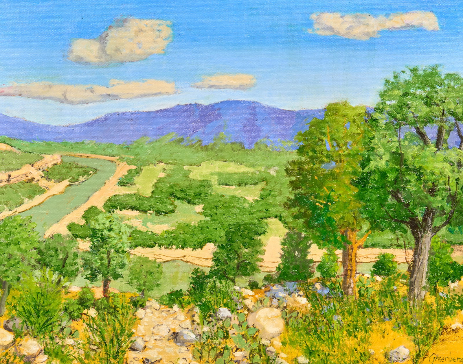 Jerry Greenberg, Texas River Valley: Jerry Greenberg (Texas, b. 1946), sweeping river valley landscape scene, oil on panel, signed lower right sight: 16 x 20 in., frame: 24 x 28 in. Provenance: Property from a Houston, Texas collect