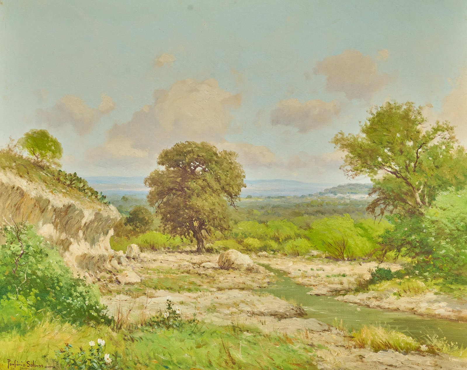 Porfirio Salinas, Summer Landscape: Porfirio Salinas (Texas, 1910-1973), summer landscape with limestone creek bed, oil on canvas, signed lower left sight: 24 x 30 in., frame: 32.5 x 35.5 in. Provenance: Originally purchased from t