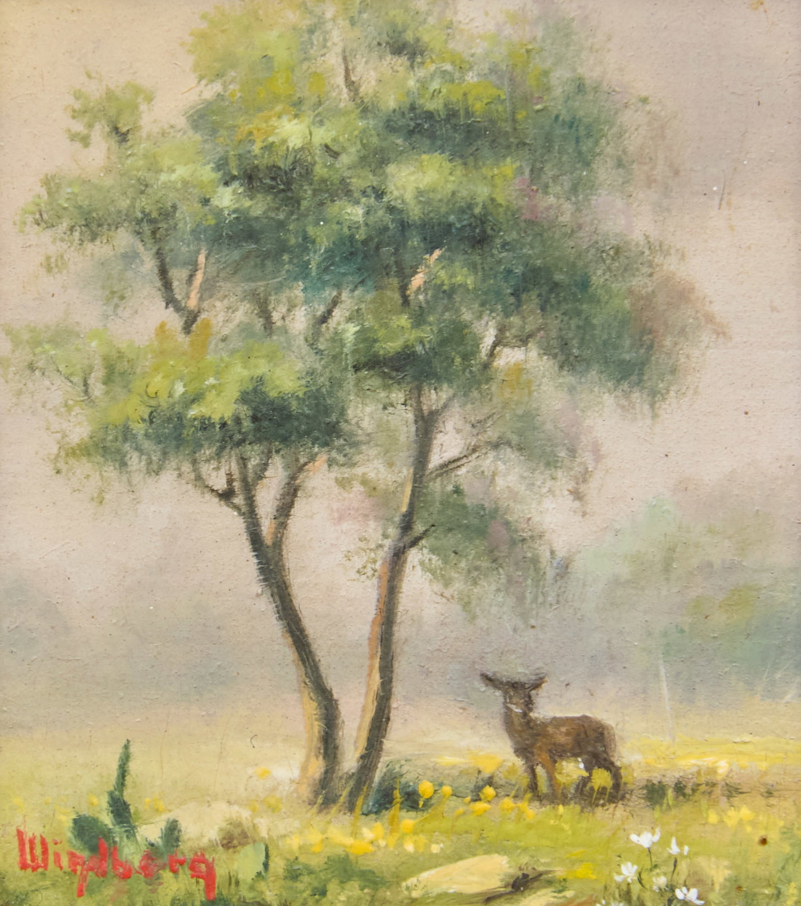 Dalhart Windberg, Miniature Landscape with Deer: Dalhart Windberg (Texas, b. 1933), miniature landscape with tree, deer, cactus and flowers, oil on panel, signed lower left sight: 1.5 x 1.25 in., frame: 9.75 x 9.5 in. Provenance: The