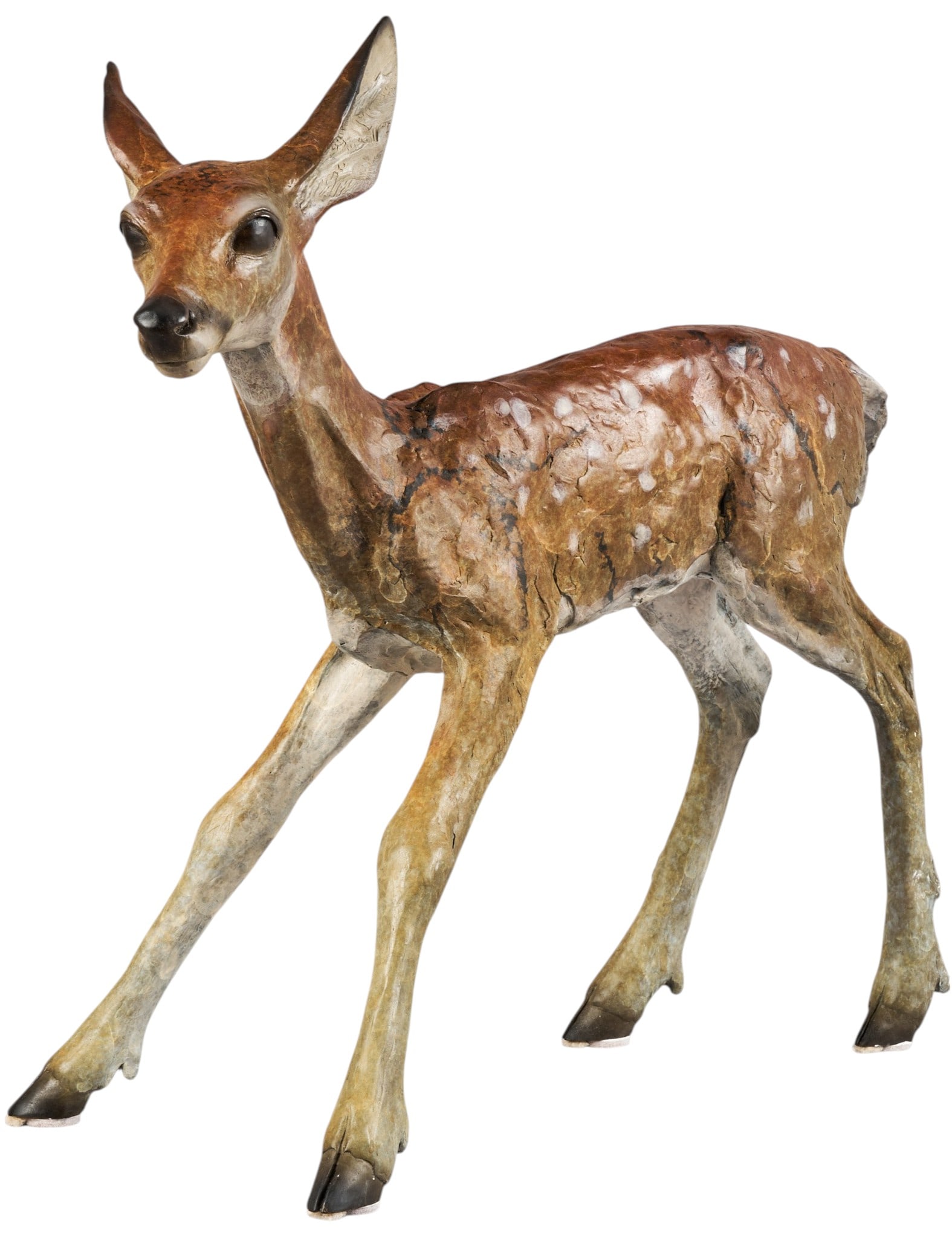 Jim Eppler, "Fawn I": Jim Eppler (Texas / California, b. 1950), "Fawn I", bronze with naturalistic polychrome patina, incised signature and edition number on the underbelly, 13/50, freestanding height 19 in
