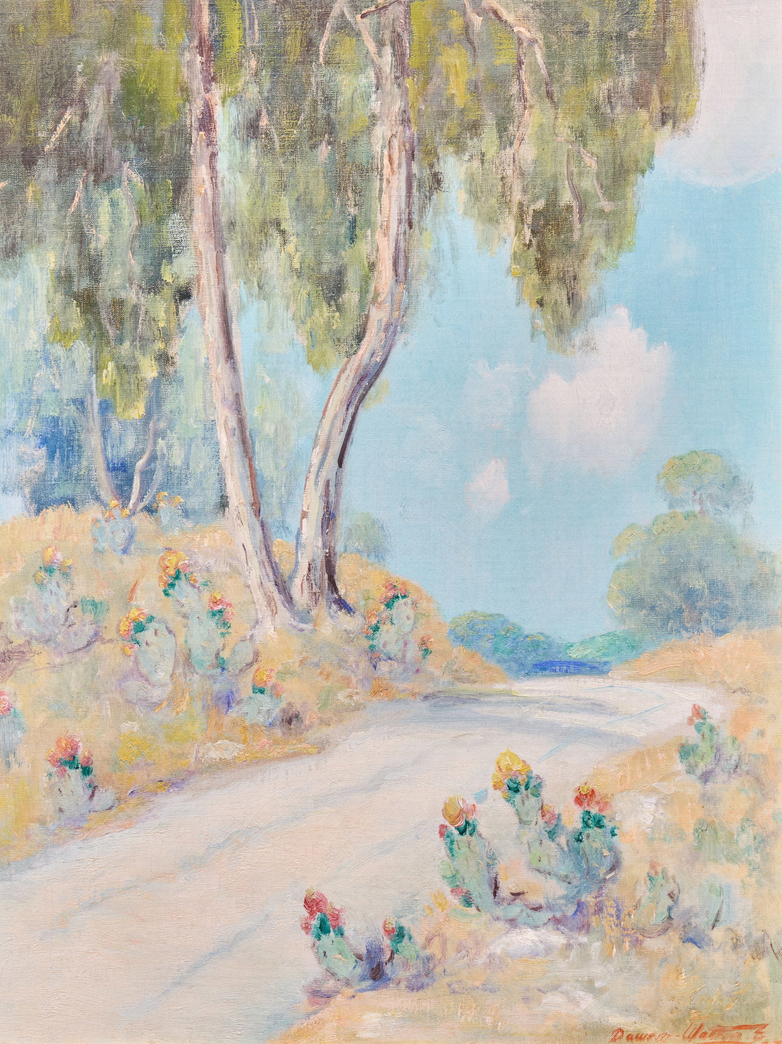 Dawson Dawson-Watson, Cactus Road, 1935: Dawson Dawson-Watson (Texas, 1864-1939), Texas dirt road with flowering cactus, oil on canvas (relined), signed and dated lower right, 1935 sight: 21 x 16 in., frame: 25 x 20 in.