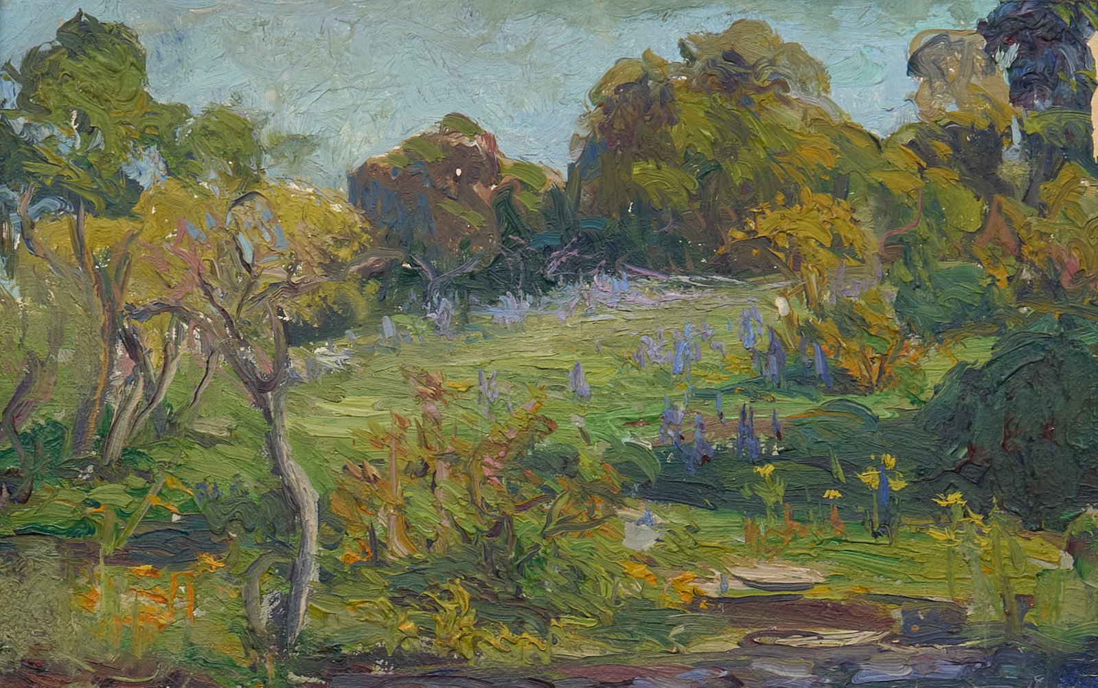 Attrib. Eleanor Onderdonk, "Late Summer": Attributed to Eleanor Onderdonk (Amer., 1884-1964), "Late Summer", oil on canvas board, not signed, inscribed on the verso "Late Summer" and "Late Summer in Texas