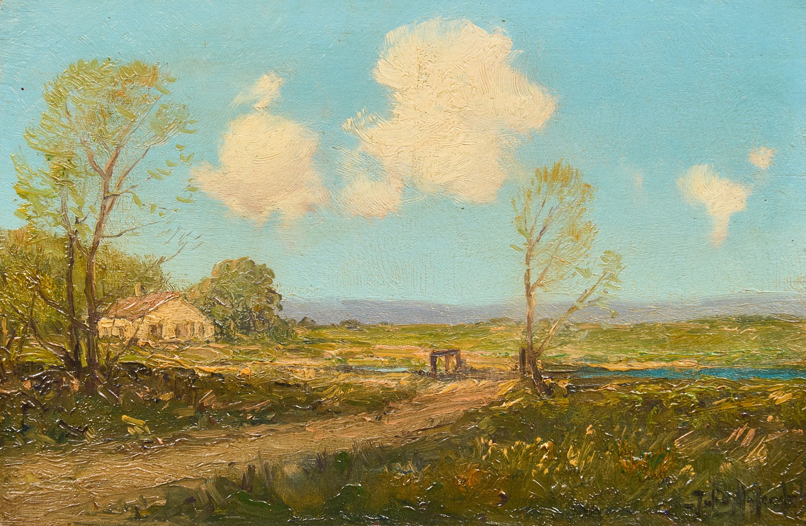 Julian Onderdonk, "In the Meadows", 1909: Julian Onderdonk (Texas / New York, 1882-1922), "In the Meadows", oil on Flemish Art Board, signed lower right, signed again on the verso along with title and date, 1909 sight: 6 x 9