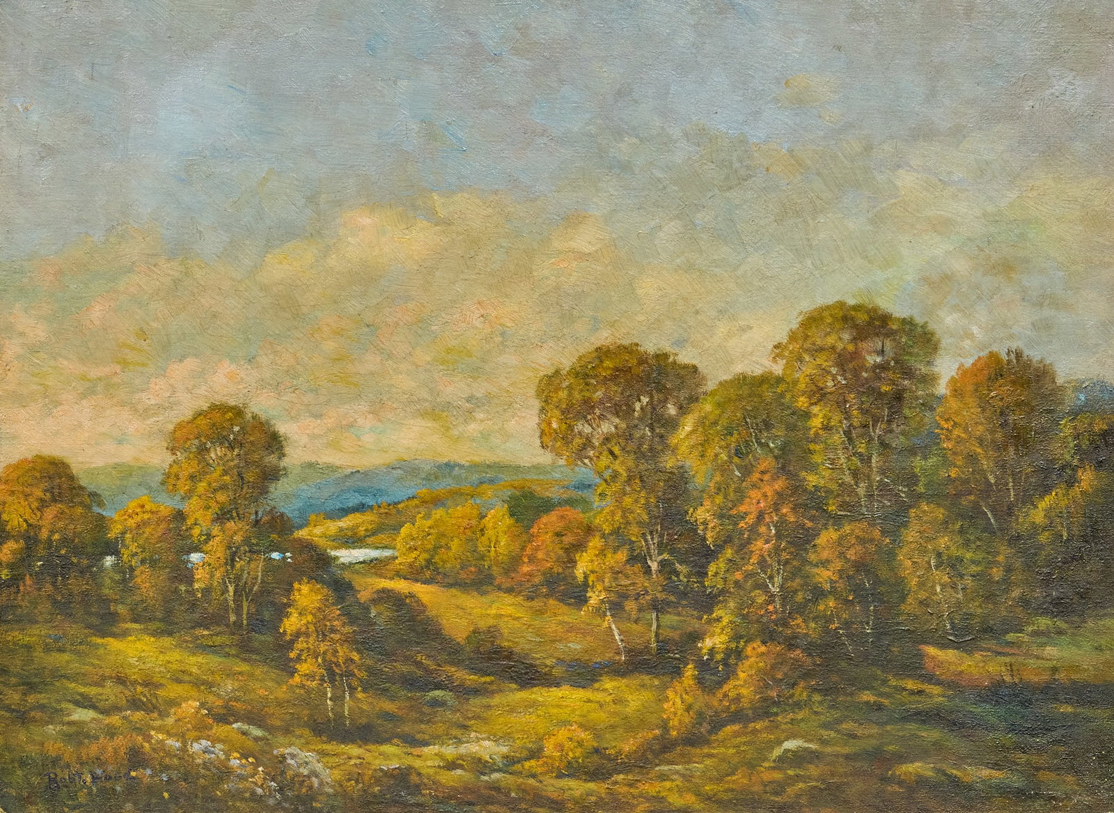 Robert Wood, Autumn Landscape: Robert Wood (Texas / California, 1889-1979), autumn landscape, oil on artist board, signed lower left sight: 18 x 24 in., frame: 25.5 x 31.5 in. Provenance: Property from a historic home in