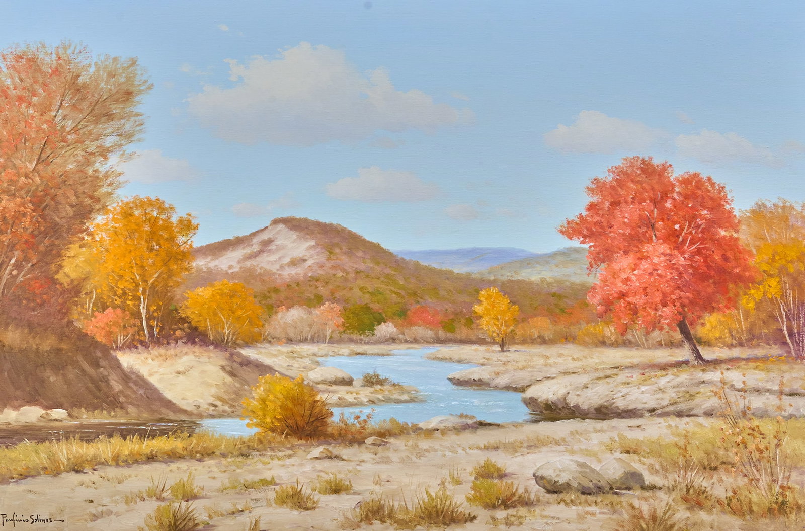 Porfirio Salinas, Autumn Landscape: Porfirio Salinas (Texas, 1910-1973), autumn landscape, oil on canvas, signed lower left sight: 24 x 48 in., frame: 33 x 44.5 in. Provenance: Property from the collection of a prominent San Antoni