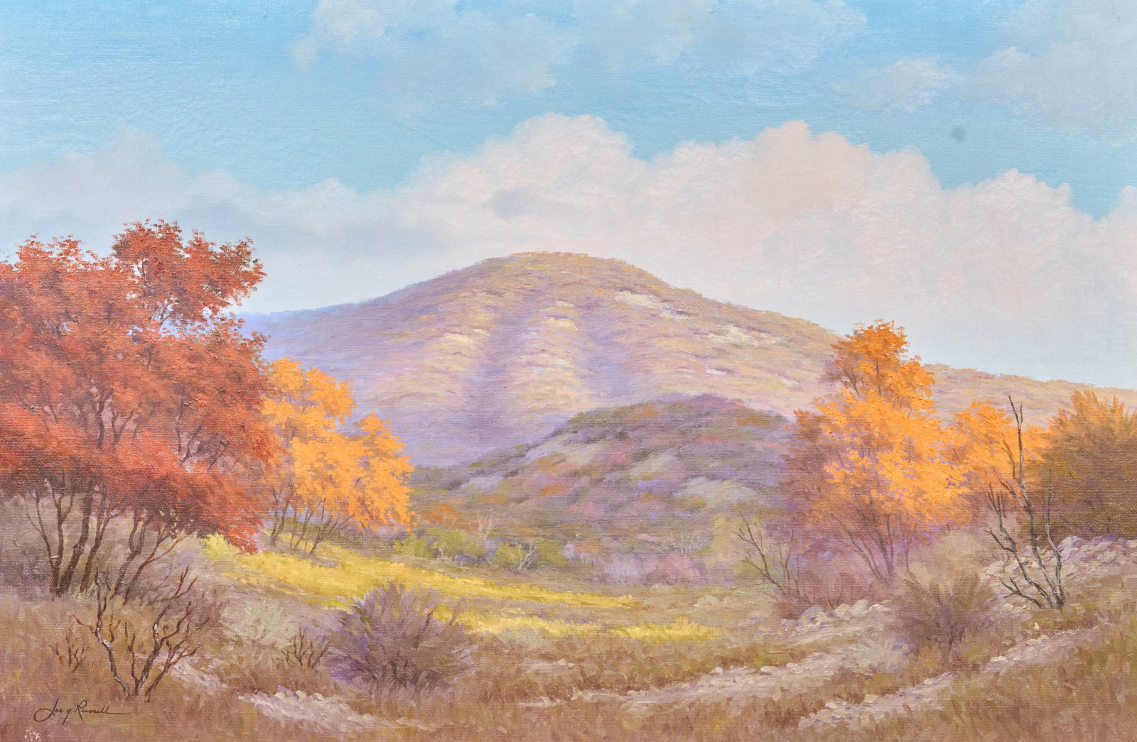Joe G. Russell, Texas Hill Country Scene: Joe G. Russell (Texas, 1926-2008), Texas Hill Country autumn landscape, oil on canvas, signed lower left, with G. Harvey Gallery (Austin, Texas) framing label on the verso sight: 24 x 36 in., frame: