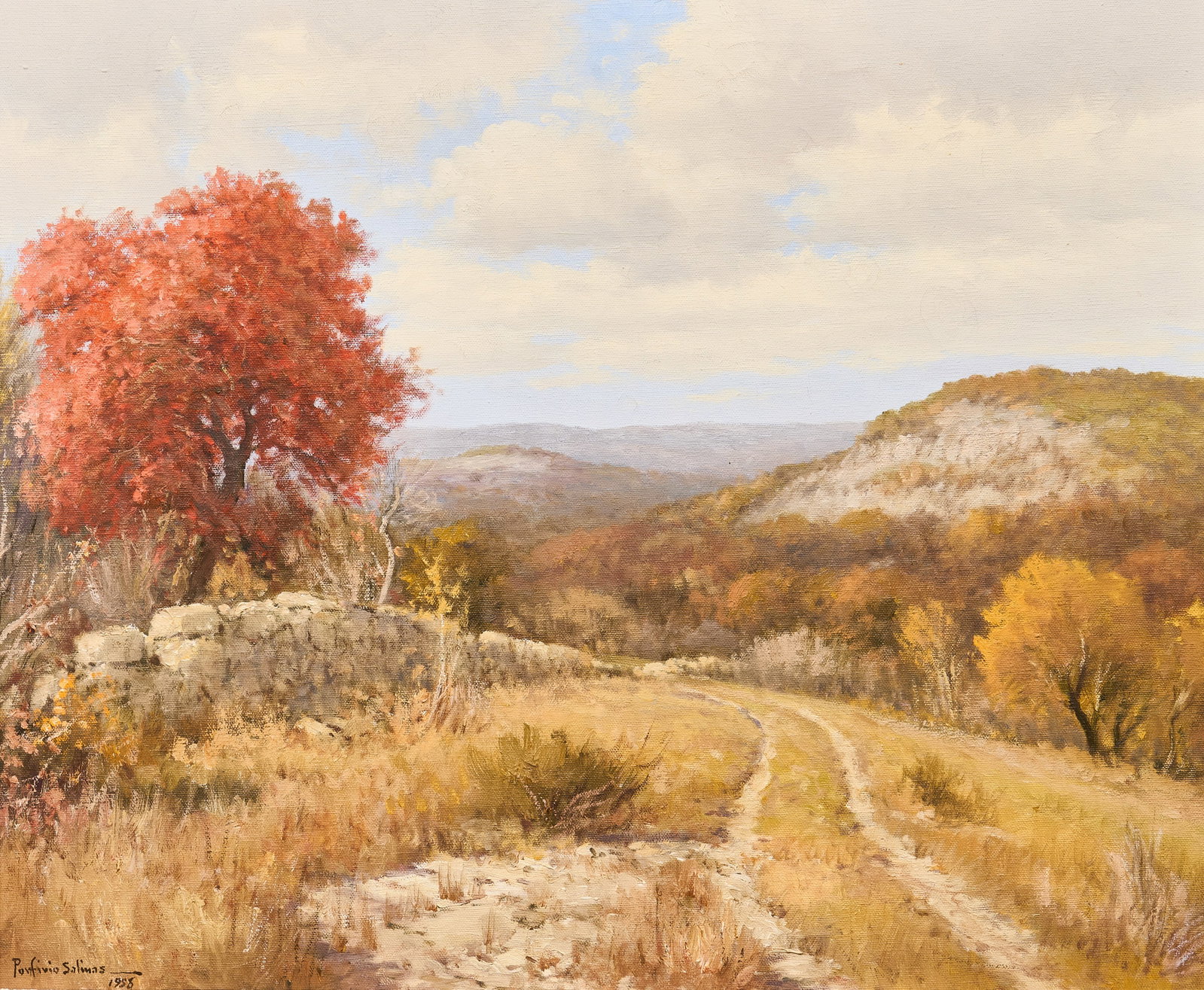Porfirio Salinas, Fall Landscape: Porfirio Salinas (Texas, 1910-1973), fall landscape, oil on canvas, signed and dated lower left, 1958 sight: 24 x 30 in., frame: 27.5 x 31.5 in. Provenance: Property from an estate in San Angelo,