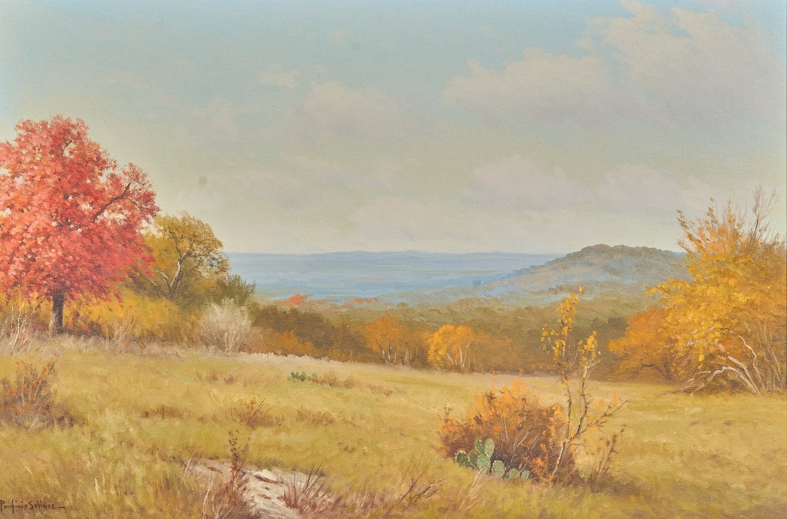 Porfirio Salinas, Autumn Landscape: Porfirio Salinas (Texas, 1910-1973), Hill Country autumn landscape, oil on canvas, signed lower left sight: 24 x 36 in., frame: 31.5 x 43.5 in. Provenance: Property from a home in 