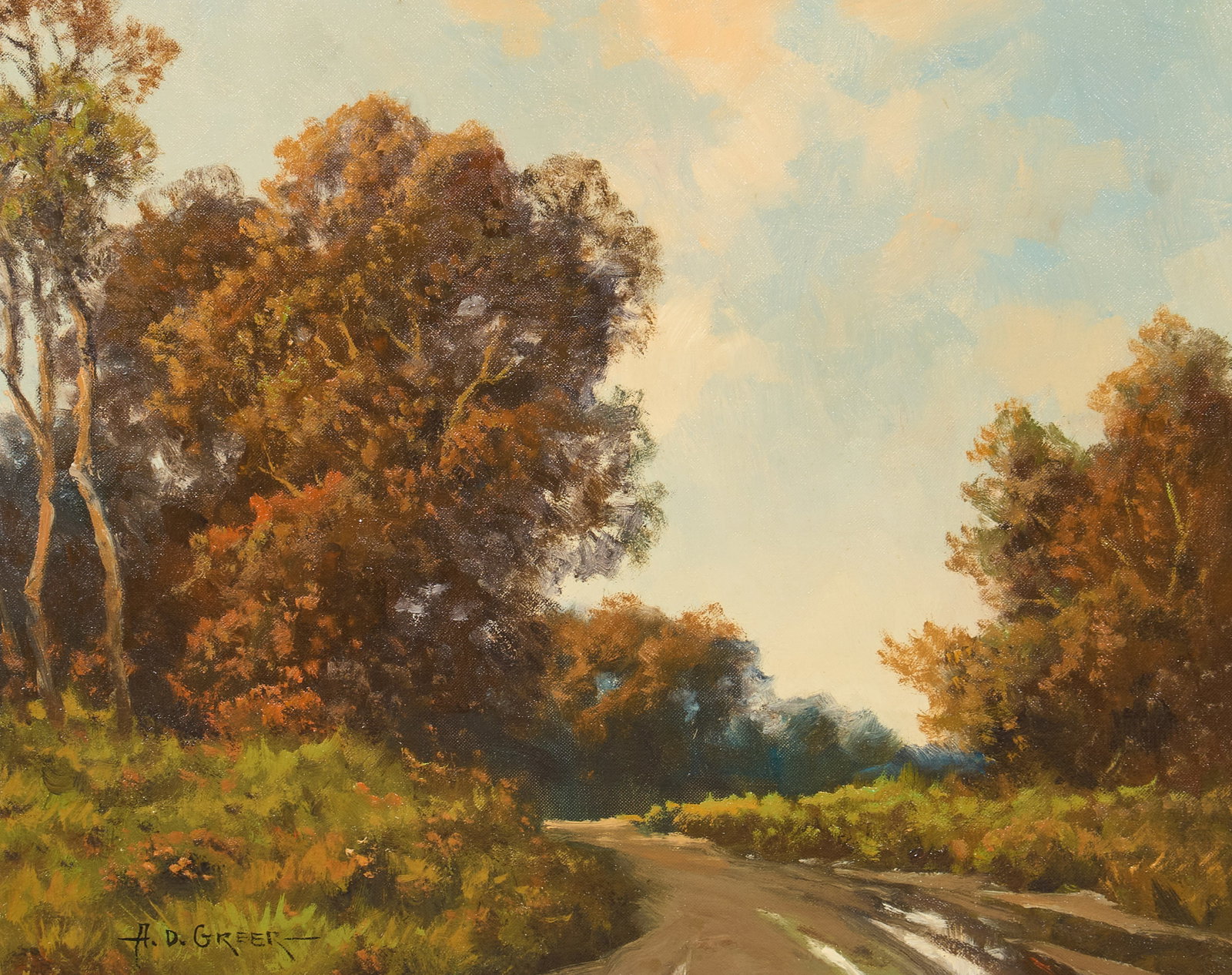 A. D. Greer, "Muddy Road to Town": Aubrey Dale Greer (Oklahoma / Texas, 1904-1998), "Muddy Road to Town", oil on panel, signed lower left sight: 16 x 20 in., frame: 24 x 28 in. Provenance: Property from a San Antonio,