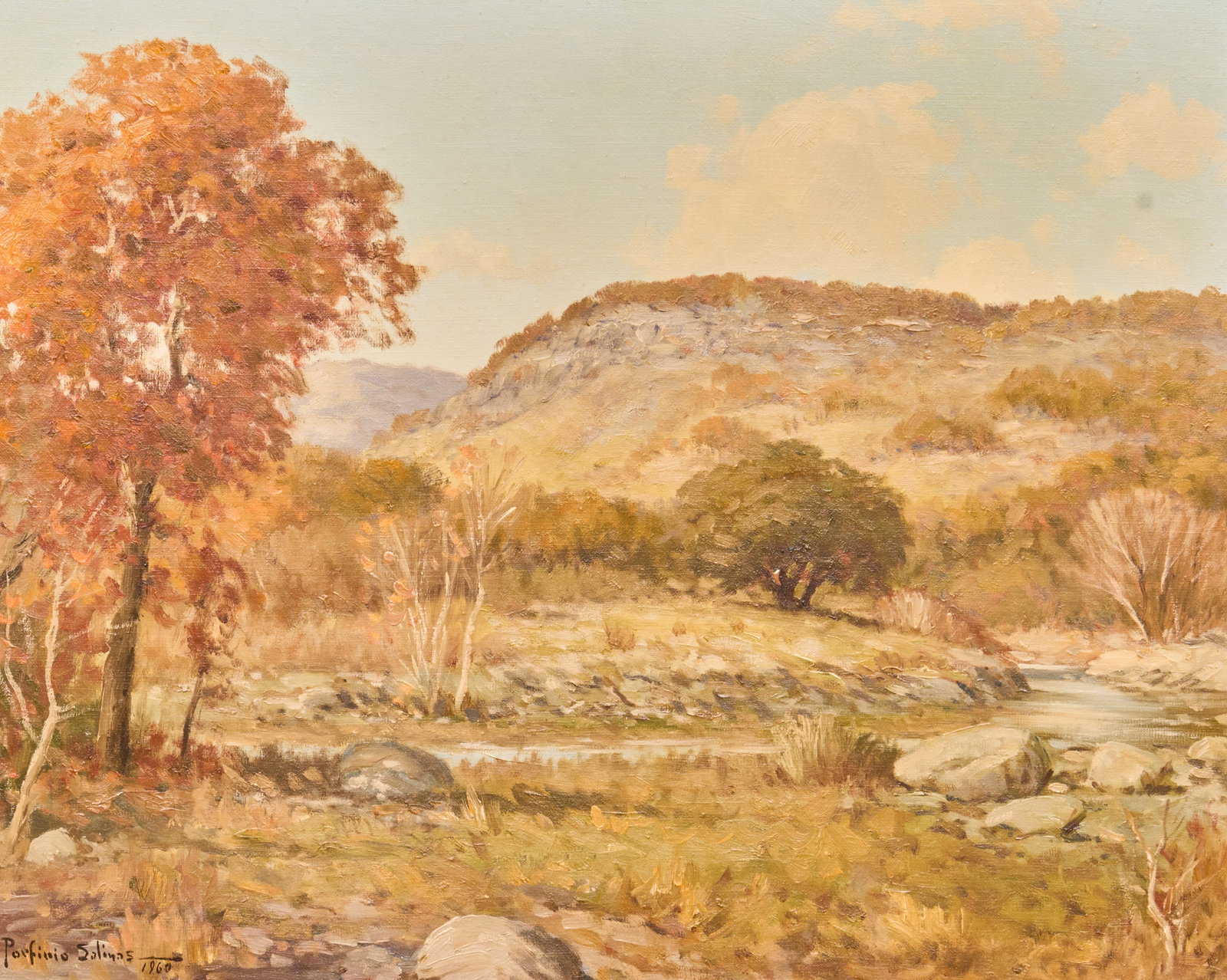 Porfirio Salinas, "Early Fall": Porfirio Salinas (Texas, 1910-1973), "Early Fall", oil on canvas, signed and dated lower left, 1960, with old tag on the stretcher bar including title sight: 16 x 20 in., frame: 24