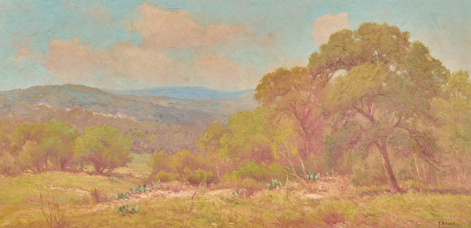 Porfirio Salinas, Hill Country Scene: Porfirio Salinas (Texas, 1910-1973), Hill Country landscape, oil on canvas, signed lower right, circa 1920s sight: 18 x 36 in., frame: 24 x 42 in. Provenance: Formerly displayed in the now-closed Assu