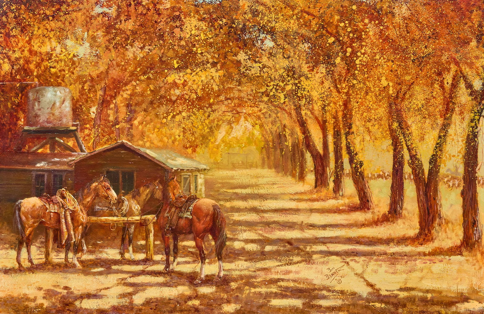 Bill Bender, "Cottonwood Ranch": Bill Bender (California / Arizona, 1919-2016), "Cottonwood Ranch", oil on panel, signed and dated lower right, 1976 sight: 24 x 36 in., frame: 28.5 x 40.5 in. Provenance: Property